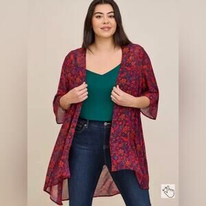 Torrid Lurex Floral Chiffon Bell Sleeve Kimono In Black Stars Combo Plum Sz 3X